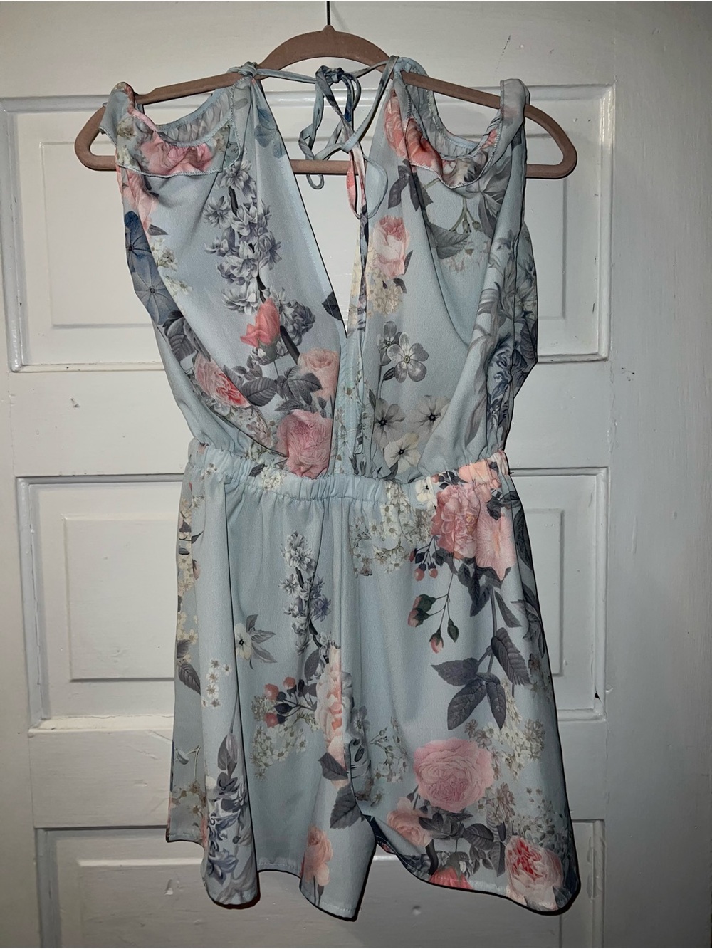 Floral Tie-Back Sleeveless Romper Dress - Light Blue with Pink Roses